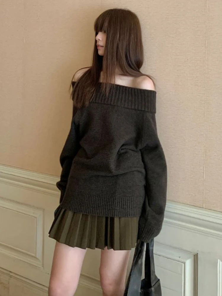 Deeptown Y2K Vintage Off Shoulder Knitted Sweater Women Harajuku Grunge Oversized Jumper Korean Coquette Slash Neck Pullover Top