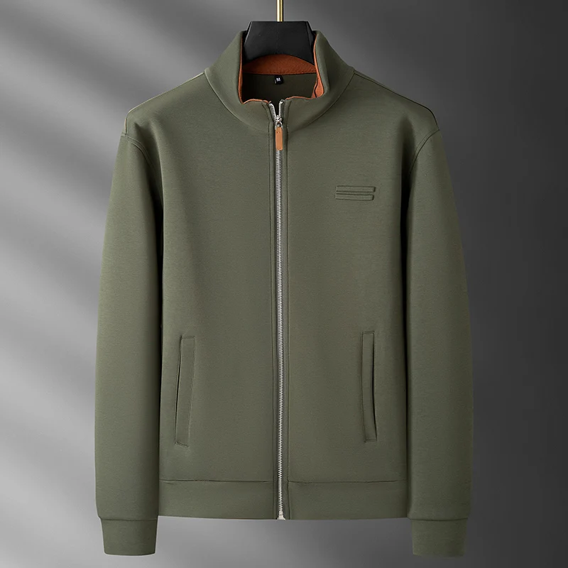 Autumn High-End Light Luxury Old Money Style Soft Air Layer Modal Solid Color Men's Stand Collar Cardigan Casual Sweatshirt Jacket