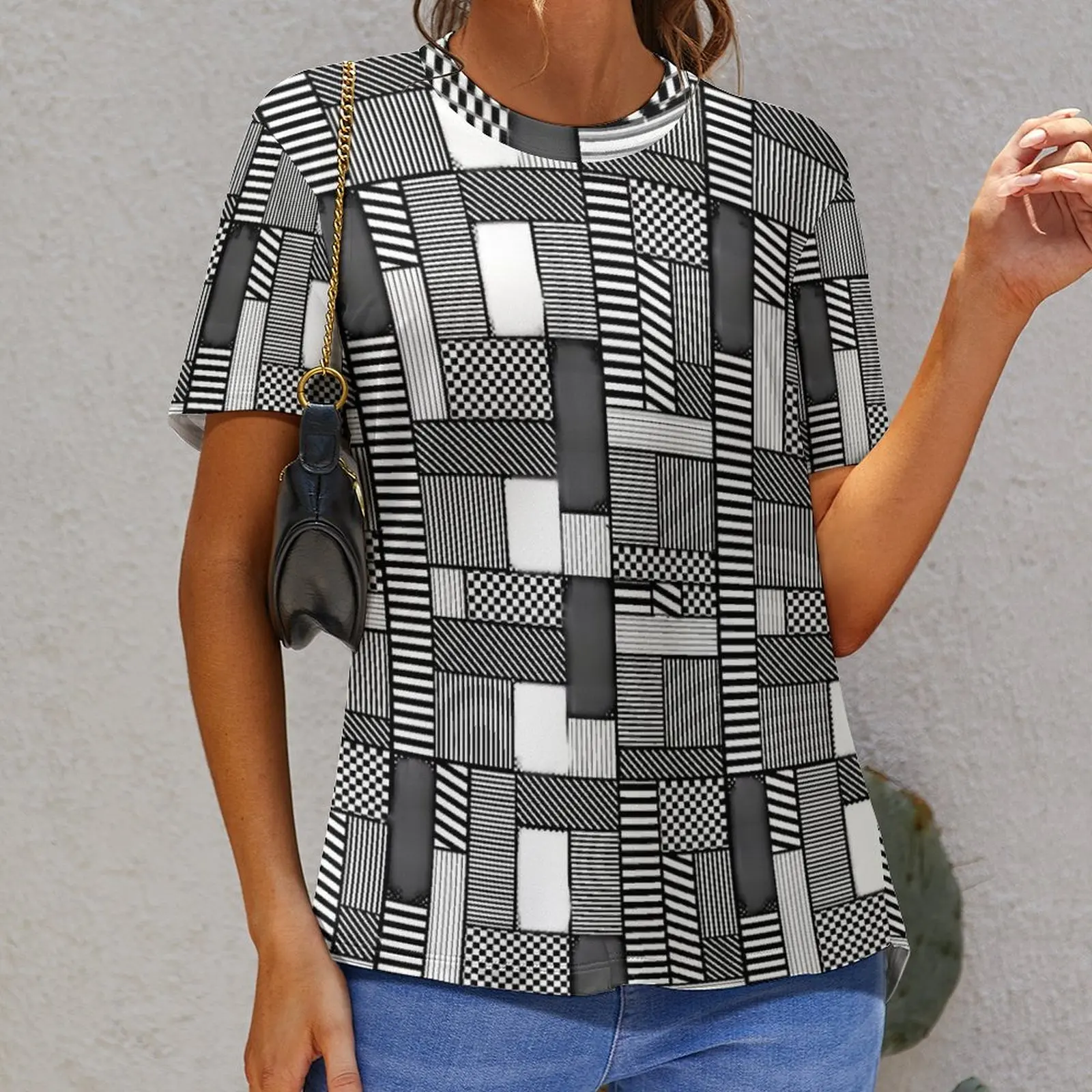 Letnie czarno-białe koszulki z nadrukiem geometryczny Patchwork Casual T Shirt damski z krótkim rękawem Vintage koszulka w dużym rozmiarze