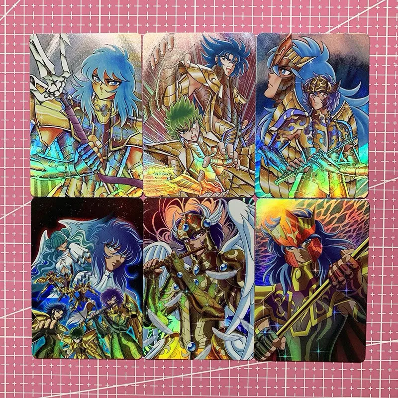 6pcs/set Saint Seiya Leo Camus Shura Refractive Gauze Flash Card Camus Aphrodite Dohko TCG Anime Game Collection Card Toy Gift
