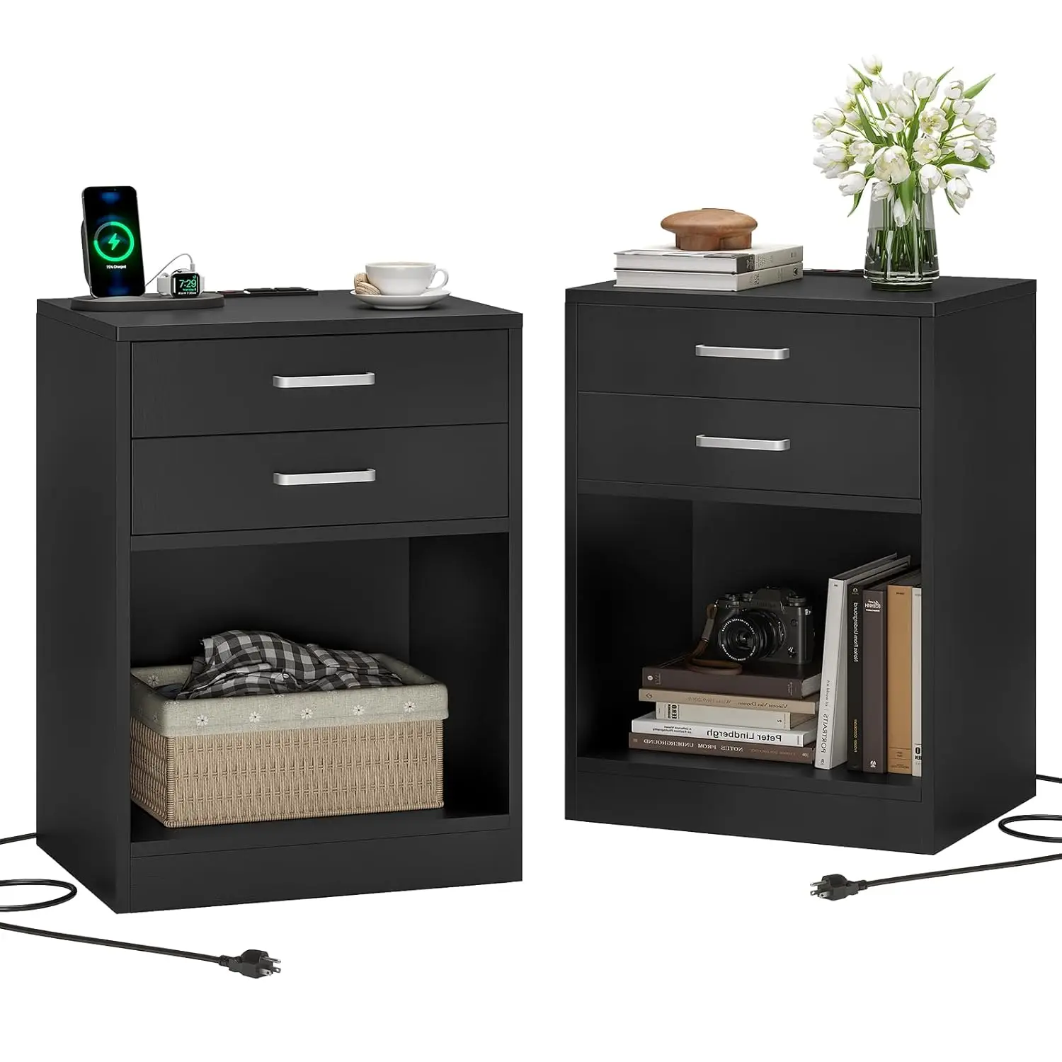 

Night Stand Set 2,Black Nightstand with Charging Station & Drawers,Night Stands for Bedrooms Set of 2,Bedside Table, Customized