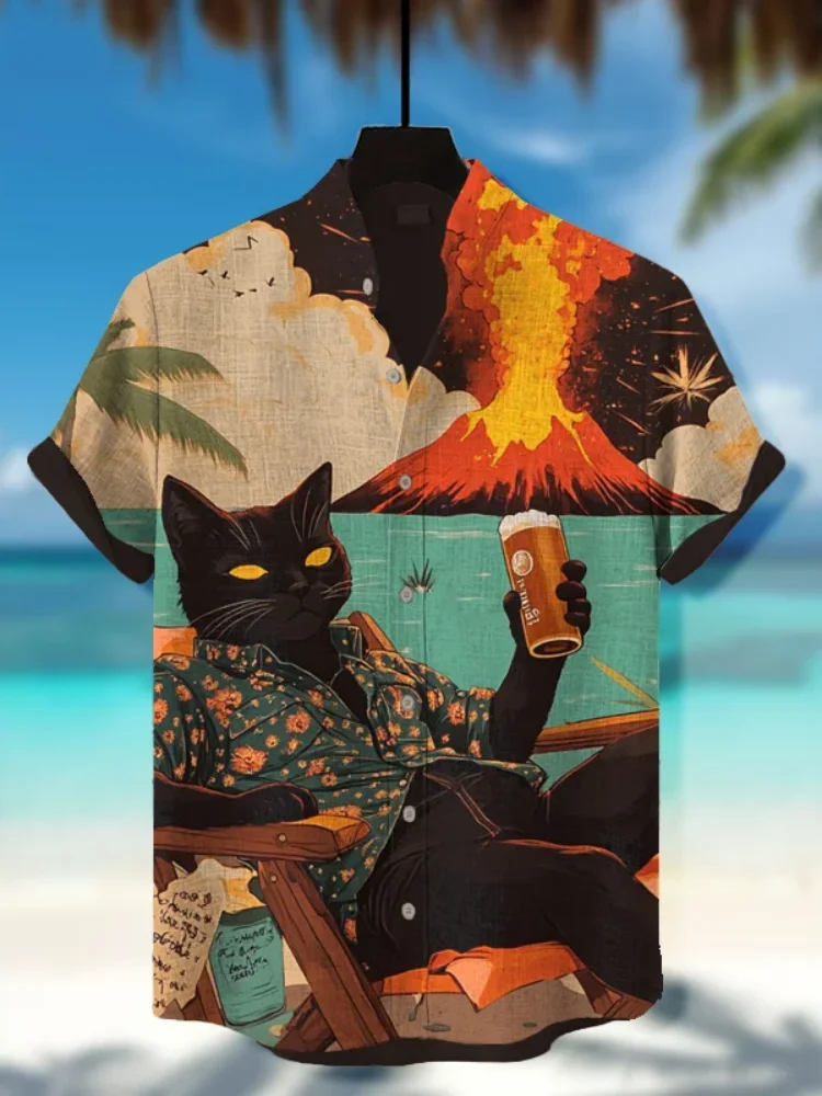 

Мужская винтажная блузка в стиле ретро, черный кот на отпуска, питье, пиво, вулканическое выверждение, повседневная рубашка с принтом, топы большого размера, мужская одежда