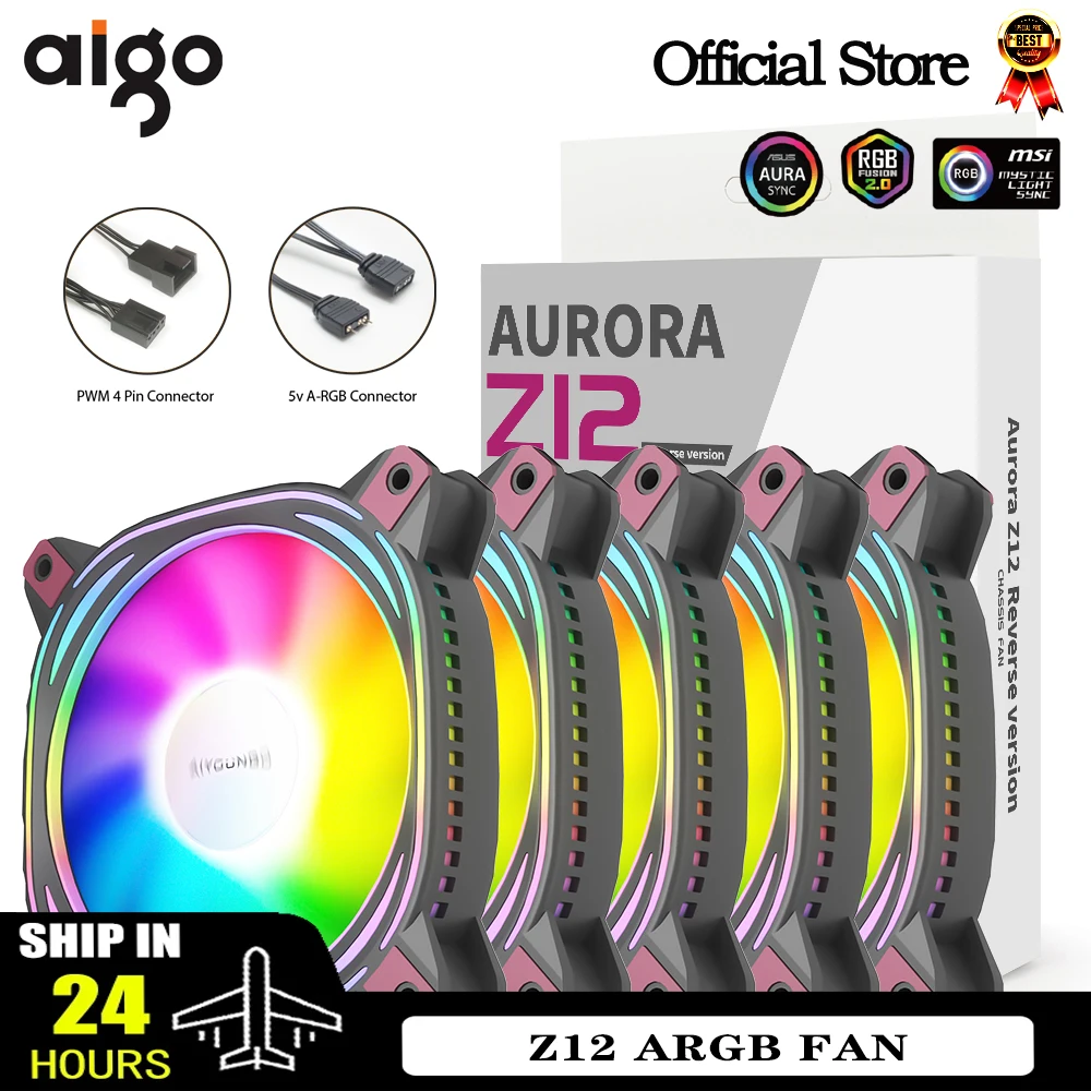 Aigo Z12 Wentylator do obudowy komputera Odwrócony wentylator Ventoinha PC 120mm Rgb Wentylator chłodzący 4pin PWM Wentylator chłodzący procesor 3pin5v Argb 12cm Ventilador