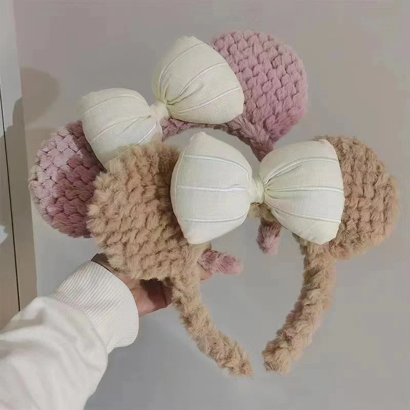 

1pc Bow shaped teddy bear ear headband, women's autumn and winter plush cute cartoon face wash headband, hair clip