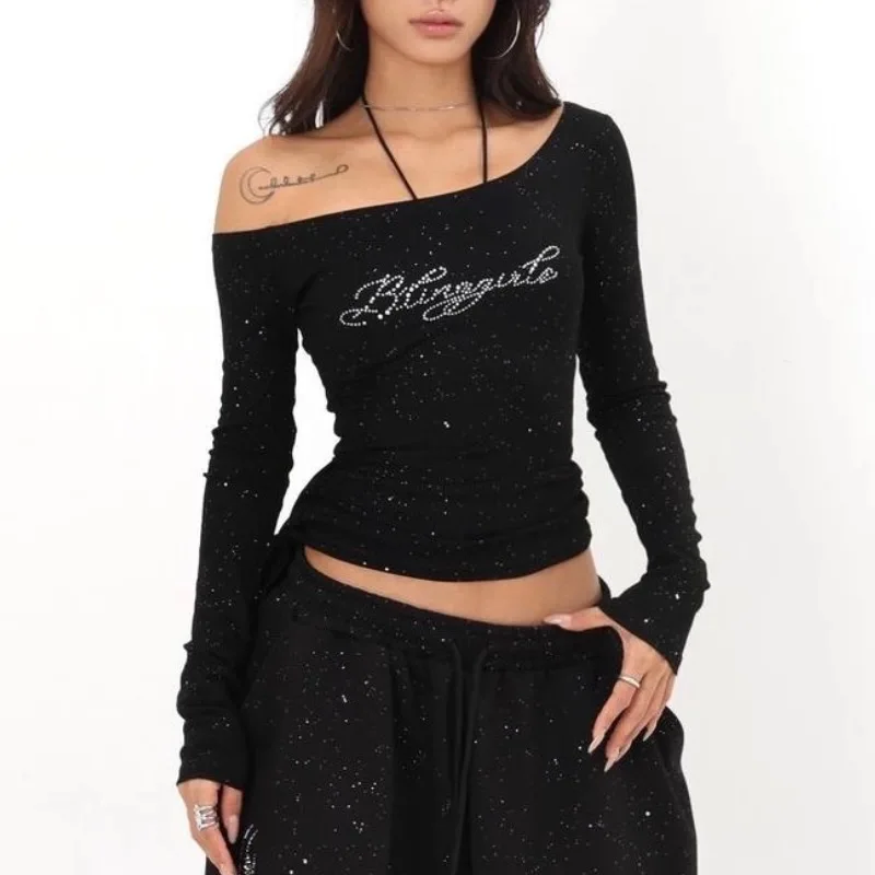 American Style Long Sleeve Diamond Embellished Side Shoulder Binding Top Jazz Dance Streetwear Slim Fit Base Shirt for Women