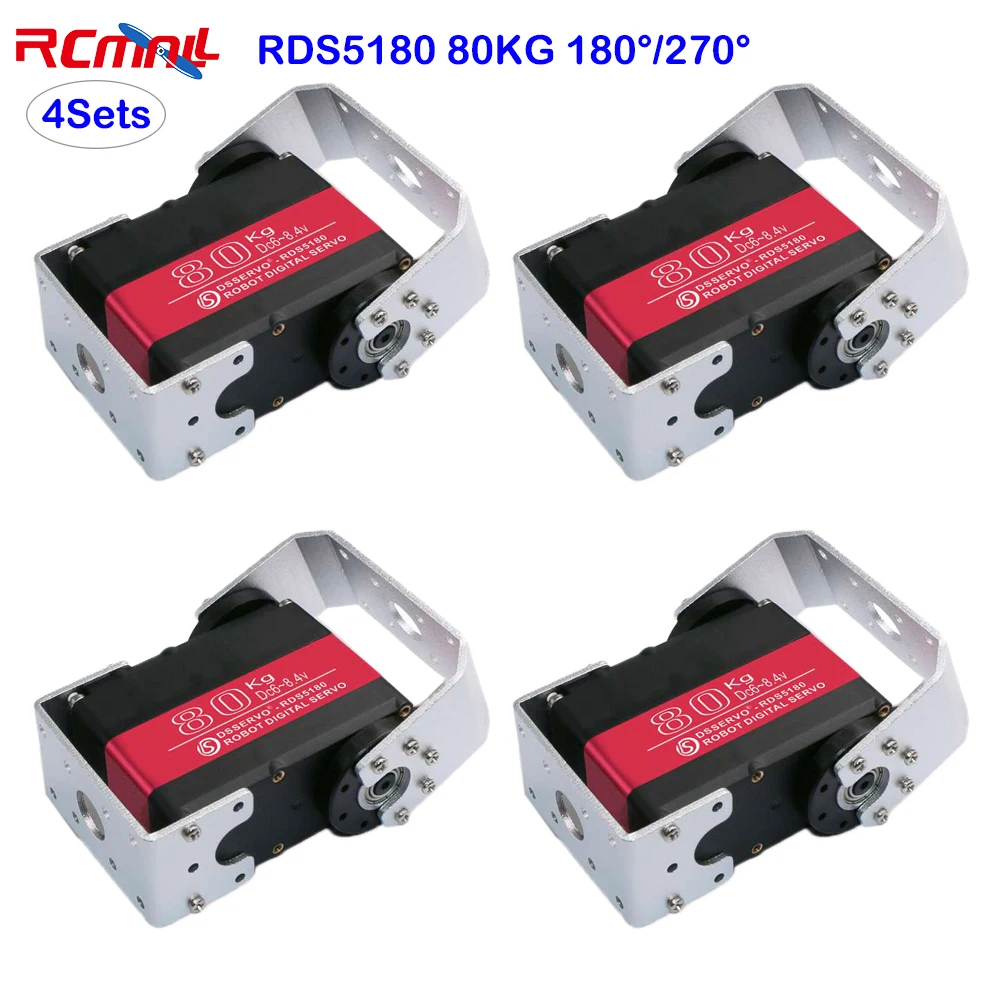 

RCmall 4 Sets RDS5180 80KG Digital Metal Robotic Servo 180/ 270 Degree 7.4V Double-shaft IP66 RC Servo Motor for Robot Car