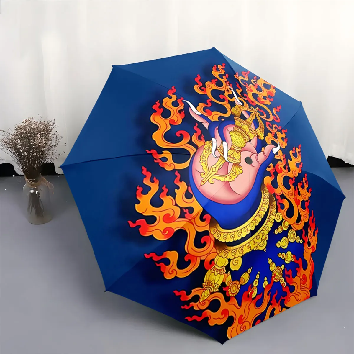 Hand of Flames Artwork with Detailed Gold Ornament Design portable waterproof sun rain umbrella for outdoor travel beach