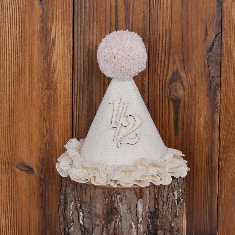 High Quality Sweet Birthday Hat Handcrafted Pom Pom Neutral Color Princess Birthday Hat Lace Ruffle Hat Children's Party