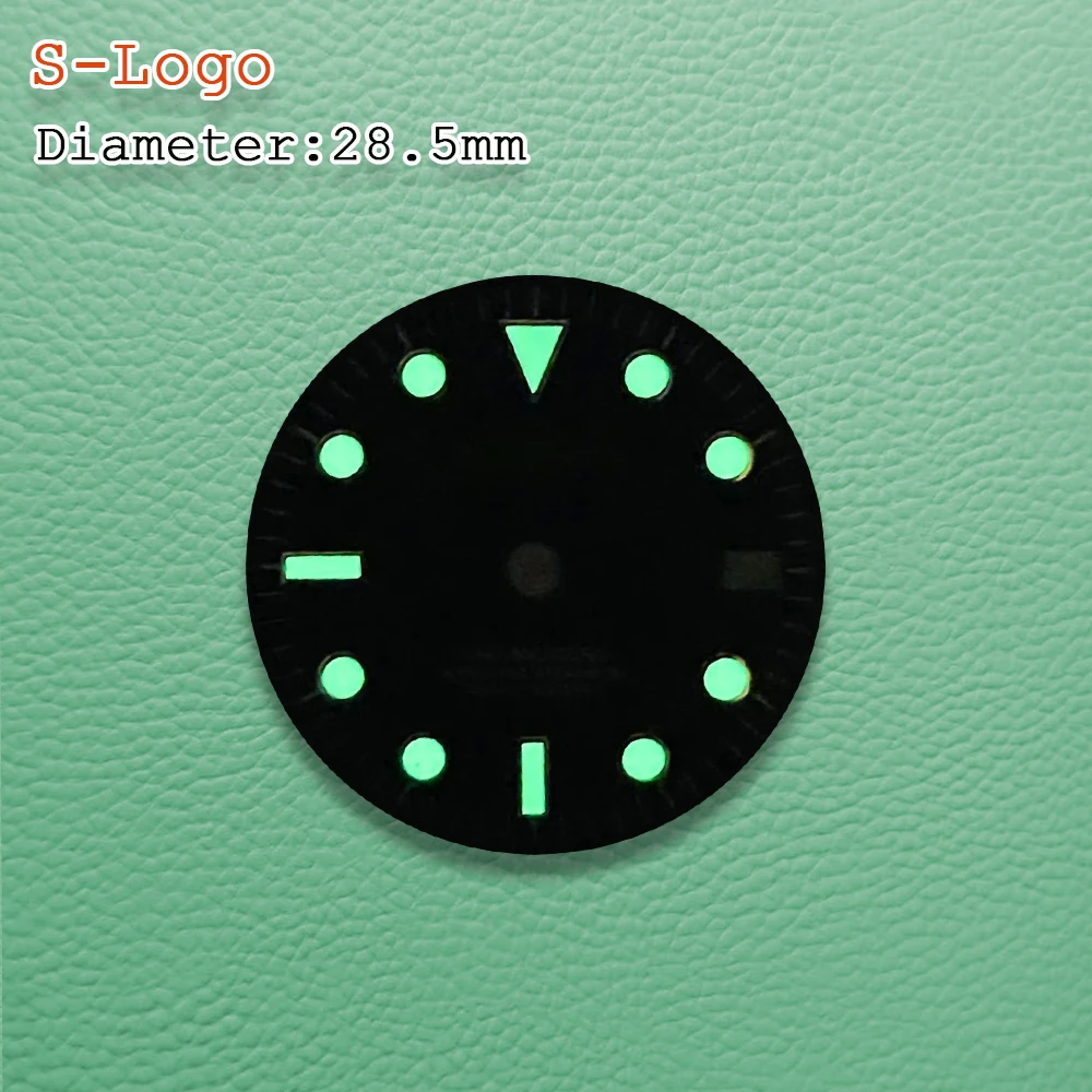 28.5mm S logo NH35 dial black dial green illuminated dial suitable for NH35/NH36 movement clock tool accessories