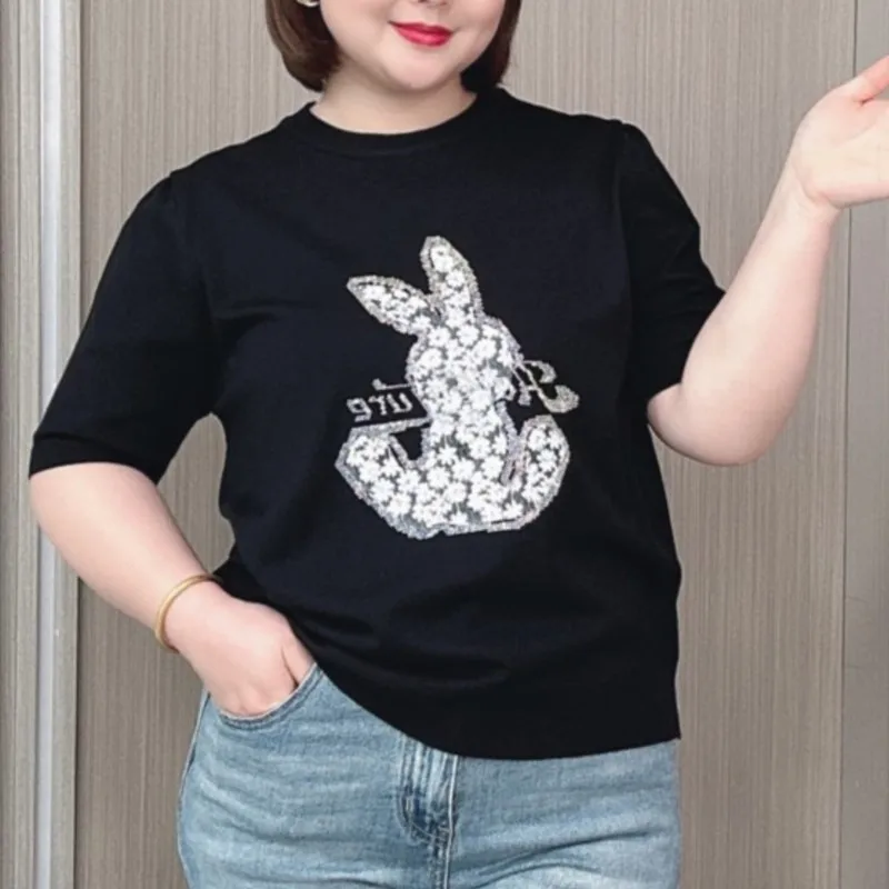 Thin Casual Rabbit Beaded Short Sleeve T-shirt Fashion Ice Knit Top For Women, Plus Size, Summer 2024