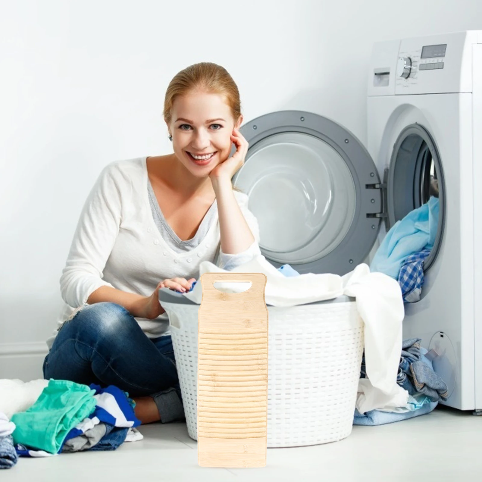 

50Cm Solid Bamboo Washboard Non-Slip Laundry Cleaning Board for Garments Reusable Hanging Design Convenient