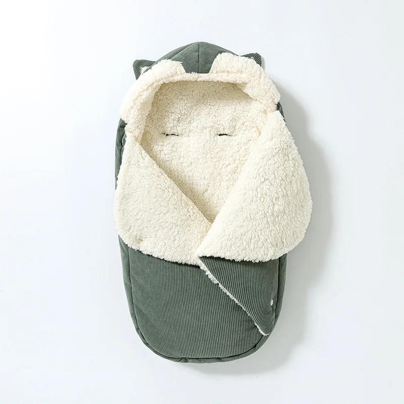 秋冬用厚手暖かいベビーフード付き寝袋ラムウール新生児用おくるみラップ外出用ベビーベッドカーシートブランケット