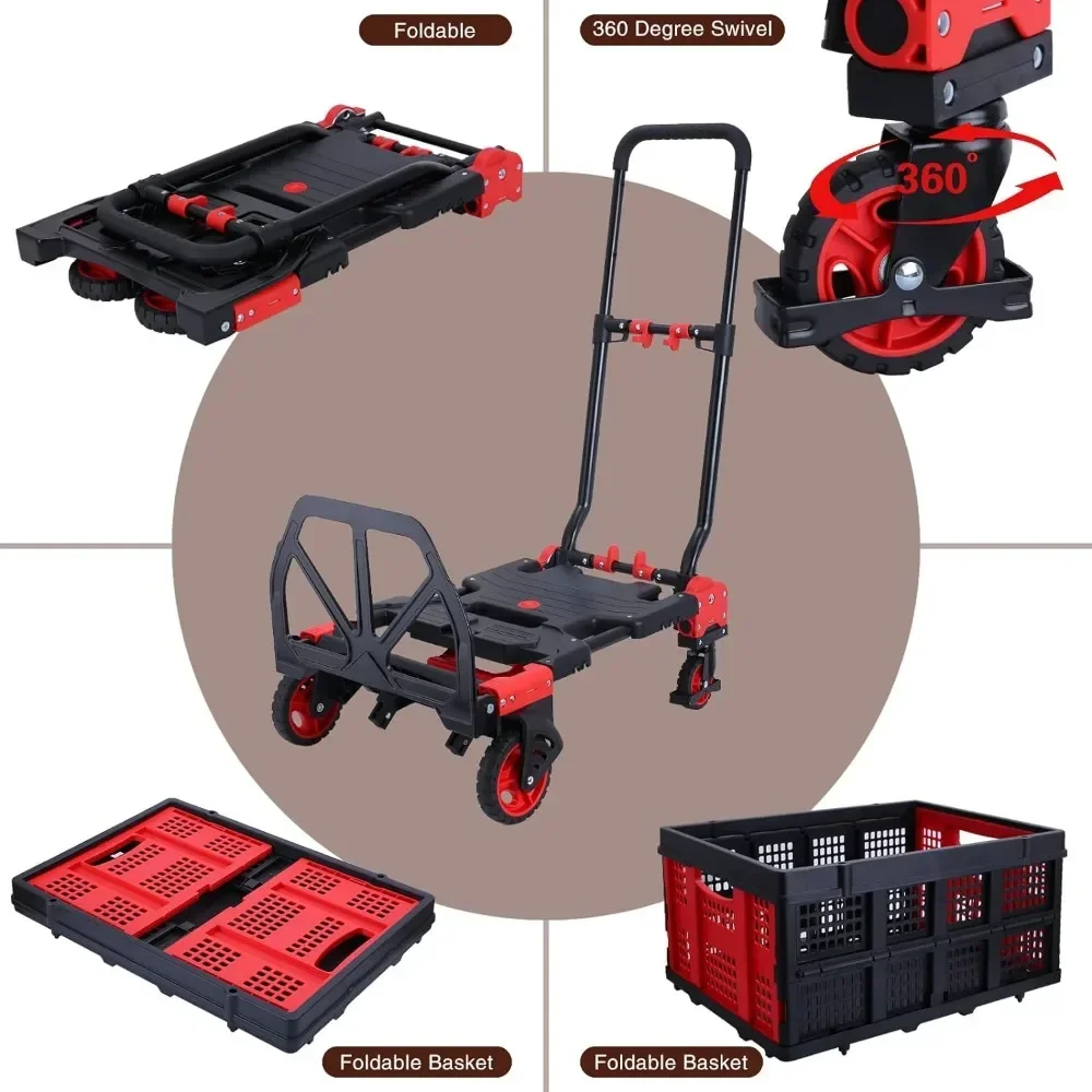 2-in-1Hand Truck Dolly Foldable with Folding Basket,330LBS Capacity Handtruck,Hand Truck Foldable Dolly with 4 Wheels