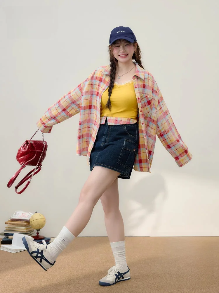 

Комплект: осенняя модная рубашка больших размеров с эффектом похудения и джинсовая юбка в корейском стиле, свободного кроя, с высокой талией, А-силуэт