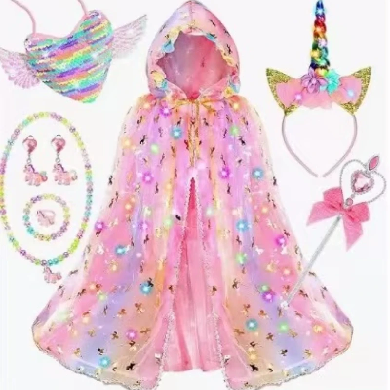 Gradient Star Light Up Unicorn Hooded Cape Girls Fairy Cloak Set Horn Headband Magic Wand Jewelry Wing Sequin Bag for Birthday