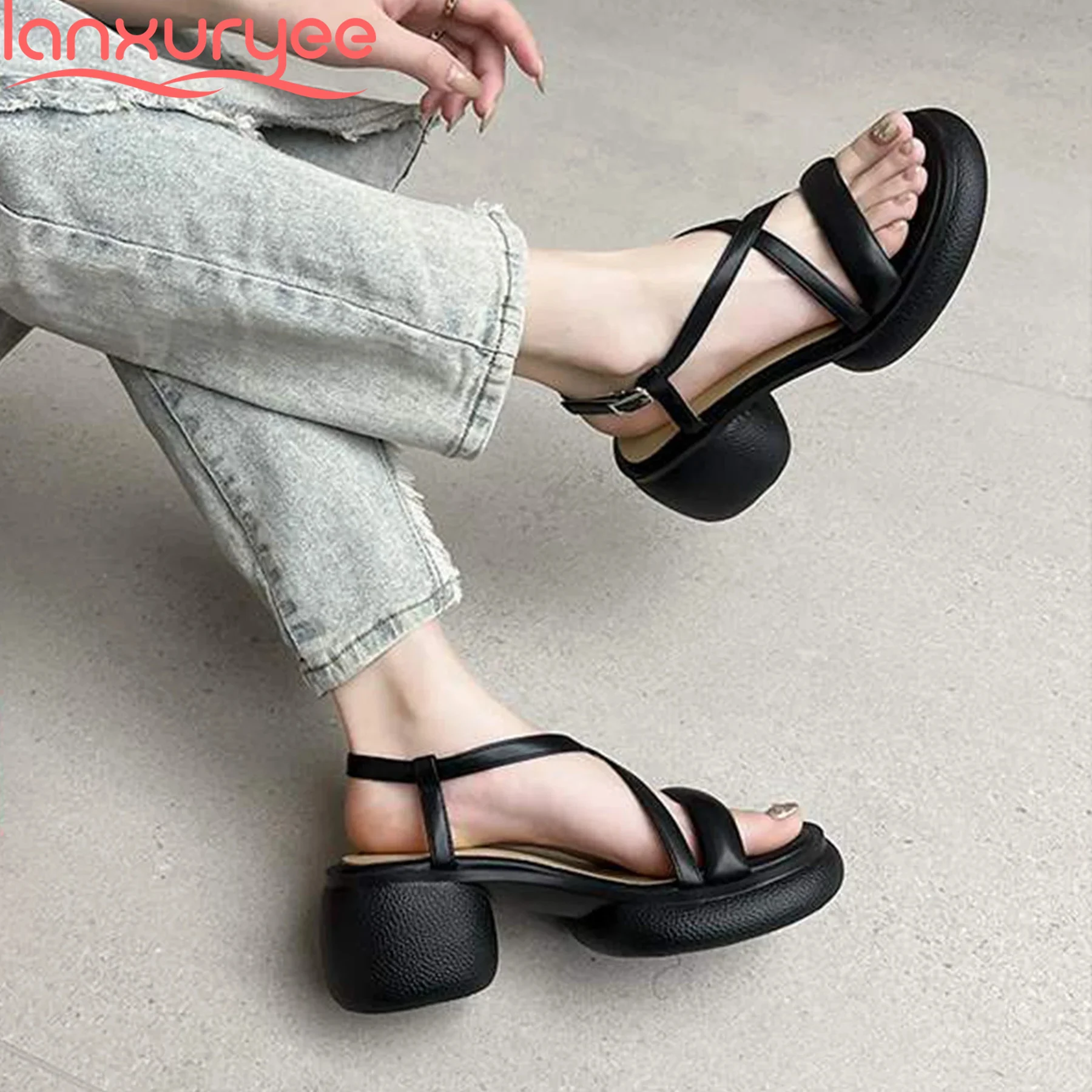 

Lanxuryee Fashion Cow Leather Peep Toe Buckle Strap High Heels Summer Shoes Elegant Casual Dress Concise Platform Women Sandals