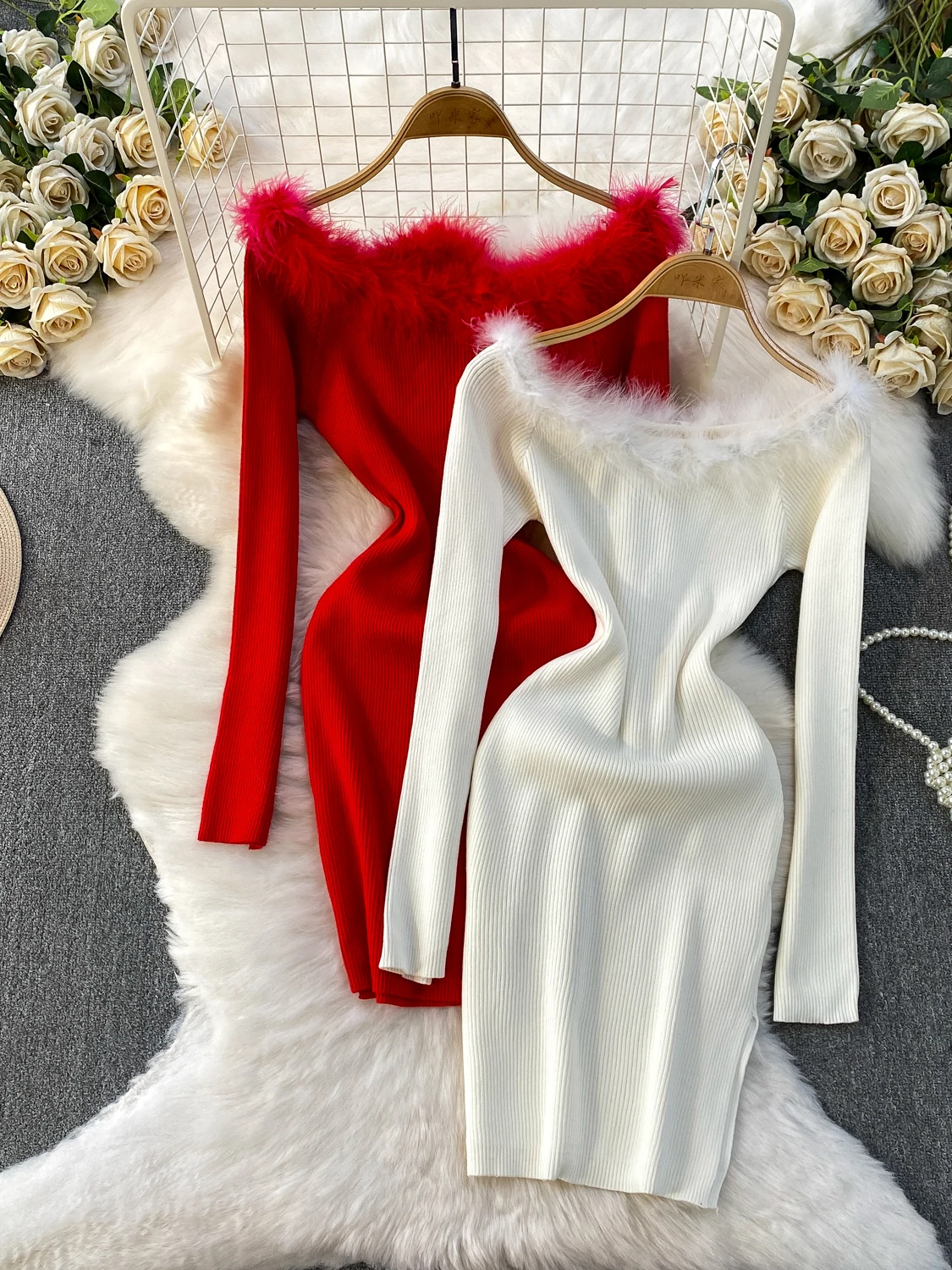 

Heavy-Look Faux Fur Splice Anti-Aging One-oulder Dr Women's Autumn Winter Pure Desire Lady Slim Fit ort Skirt