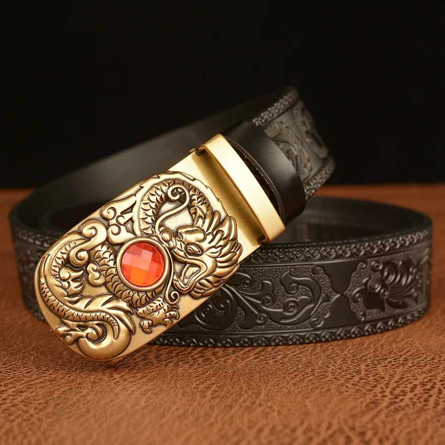 Ethnic Style Tang Grass Pattern Carved Men's Belt, Cowhide Personalized Dragon Bead Automatic Buckle Belt, Pant Belt