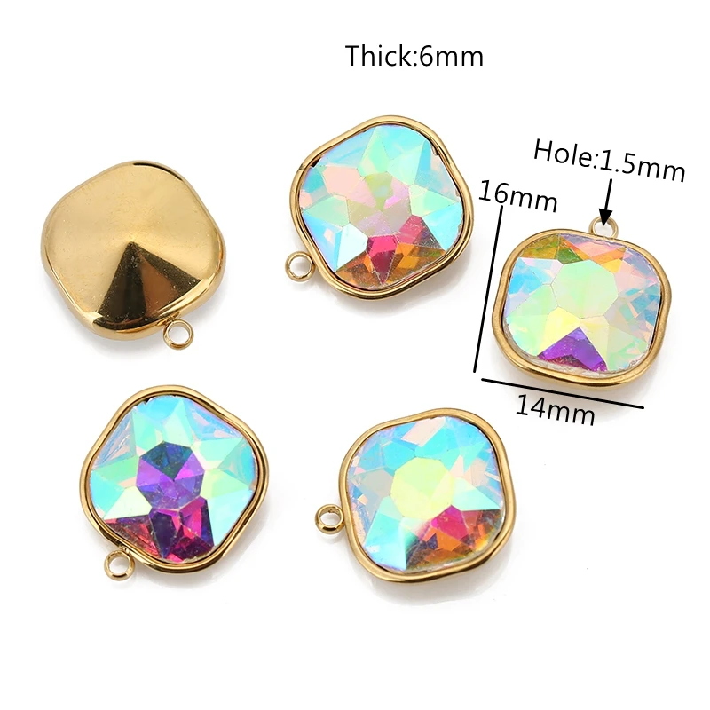 5 개/몫 스테인레스 스틸 스퀘어 펜던트 직사각형면 처리 된 유리 크리스탈 매력 팔찌 귀걸이 목걸이 쥬얼리 만들기