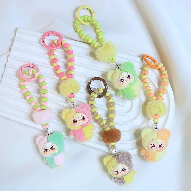 1PC Creative PVC Cute Bowknot Color-Blocked Plush Pellets Doll Keychain For Women Stylish Cartoon Bag Charm Car Keychain Gifts