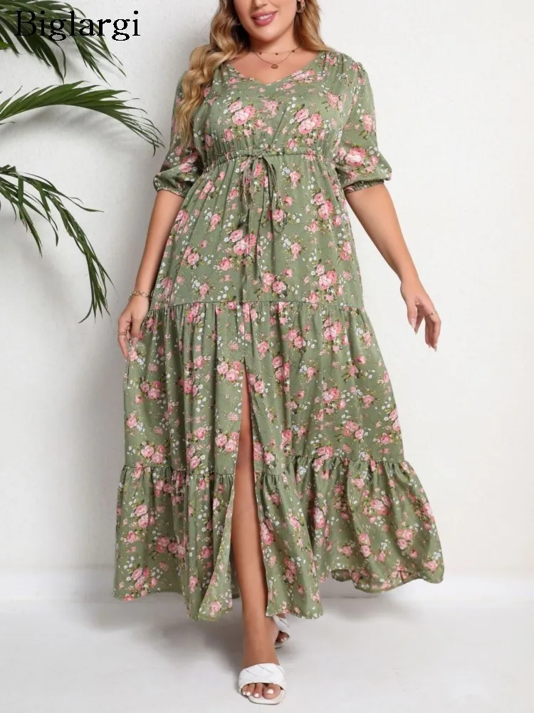 Plus Size Summer Flower Floral Print V-Neck Dress Women Ruffle Pleated Modis Split Ladies Dresses Loose Casual Woman Long Dress