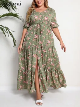 女性の花柄のVネックロングドレス,サマードレス,プリーツ,ルーズフィット,ラージサイズ