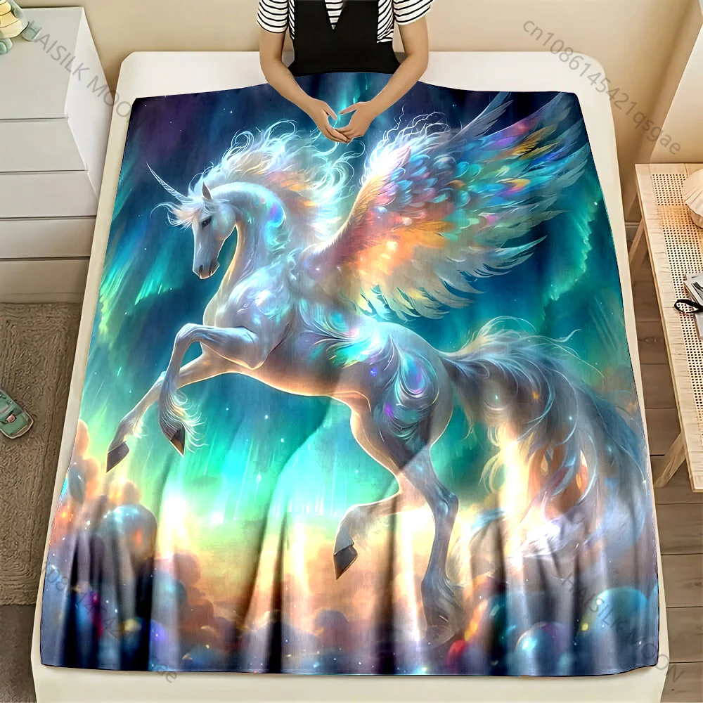Multi Sizes Aurora Fantasy Style Unicorn Print Blanket Flannel Material Soft Warm for All Seasons Home Outdoor Camping Picnics