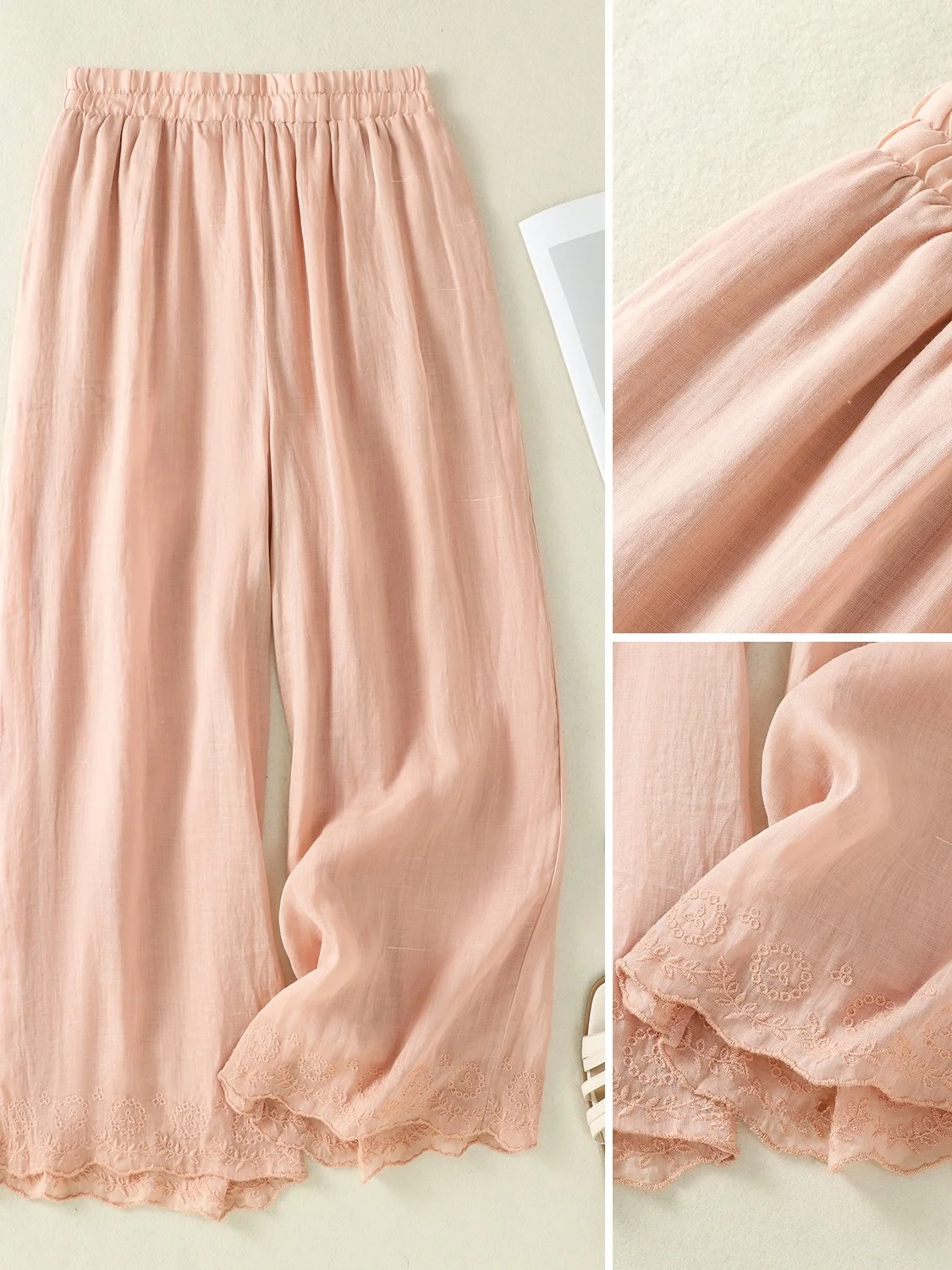 Verão fino confortável respirável cintura alta calças largas femininas algodão linho bordado renda guarnição solta ajuste perna reta...