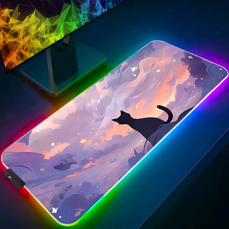 LED Mouse Pad PC Anime Cute Clouds Cat Desktop Mat Gamer Office Carpet RGB Kawaii Keyboard Table Pad Gaming Accessories Mousepad