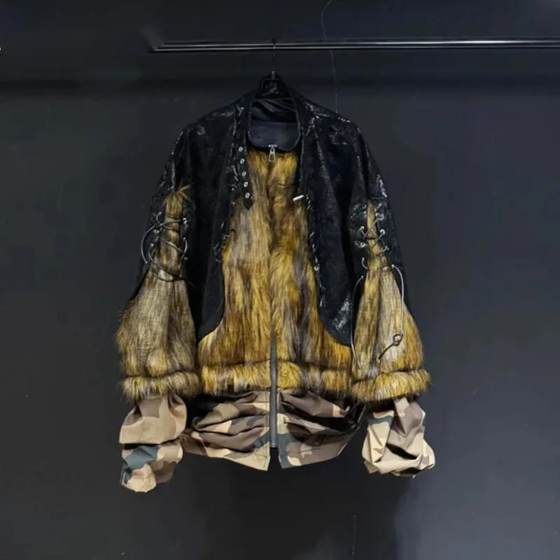 High Street Men's Stylish Jackets Stand Collar Drawstring PU Leather Faux Fur Zipper Male Camouflage Spliced Coats  CDFR5