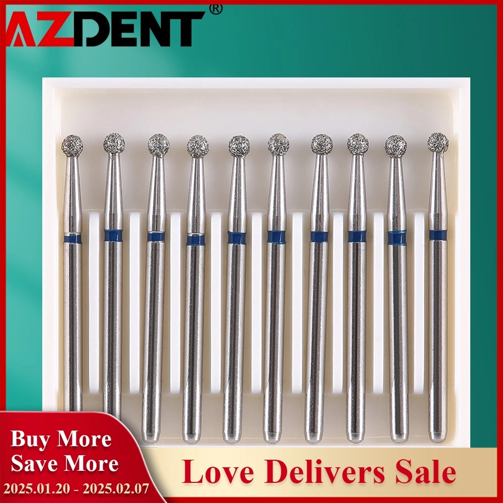 10 pcs/pacote azdent dental diamante burs broca bola tipo redondo 25mm fg 1.6mm para handpiece de alta velocidade 4500r/min