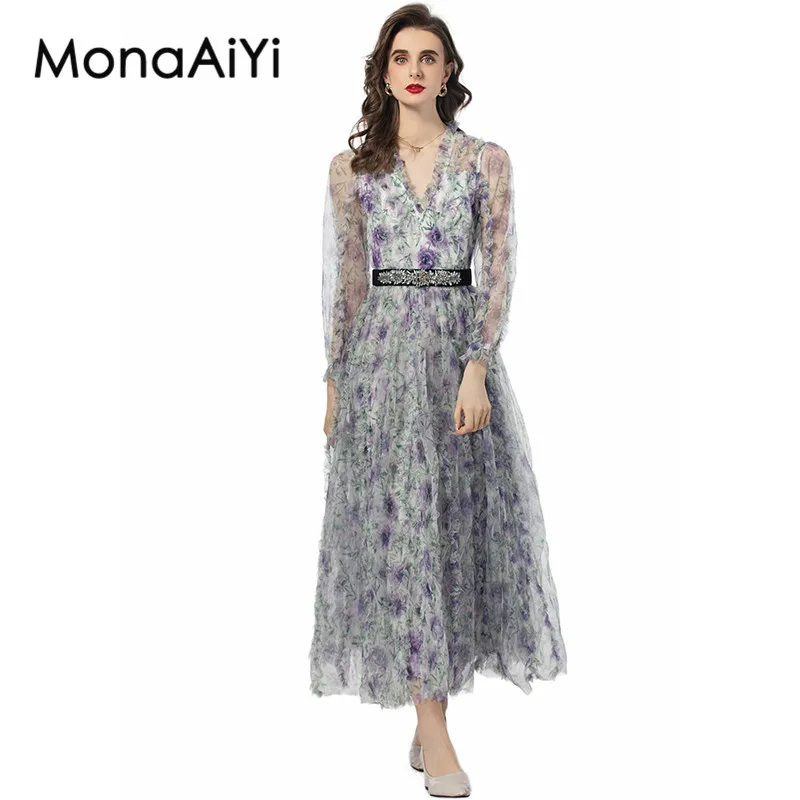 

MonaAiYi Spring Summer Women's Dress V-Neck Lantern Sleeve Mesh Splicing Edible Tree Fungus Edge High Waiste Crystal Print Dress