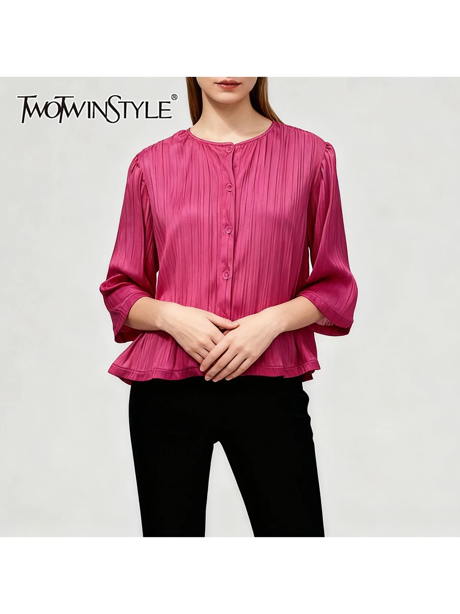 

TWOTWINSTYLE Solid Loose Spliced Folds Casual Shirts for Women Round Neck Half Sleeves Patchwork Ruffles Short Shirt Female New