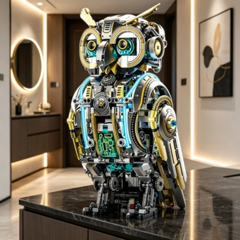 Creative FUNXINEE 1296Pcs Motorized Owl Building Blocks, Light‑Up Glowing Eyes Kinetic Motion MOC Model, Premium Desktop Display