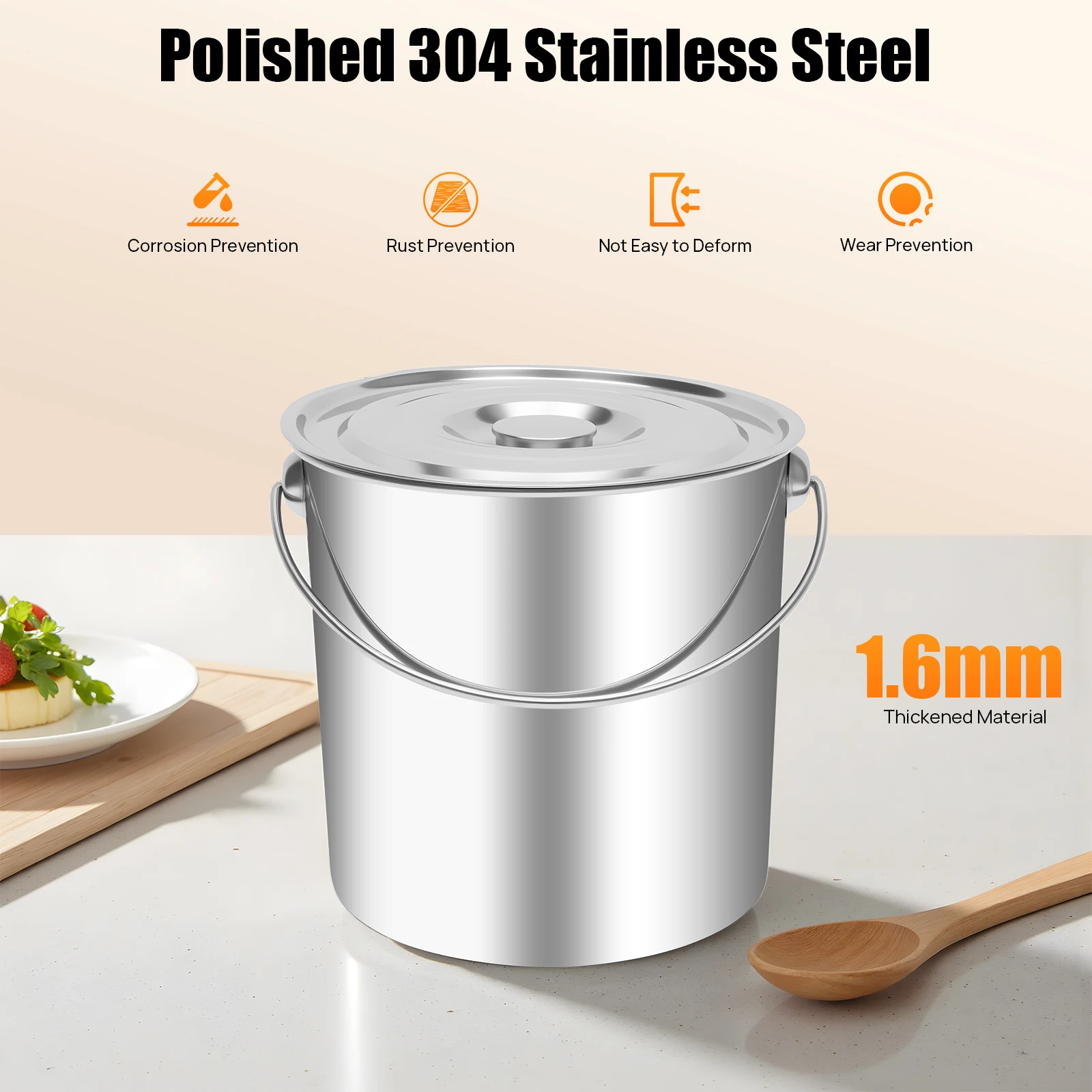 

Коммерческое сверхмощное ведро из нержавеющей стали объемом 20 л с крышкой, ведро для хранения ледяных продуктов класса 304, утолщенное большое вместительное и свободное совок