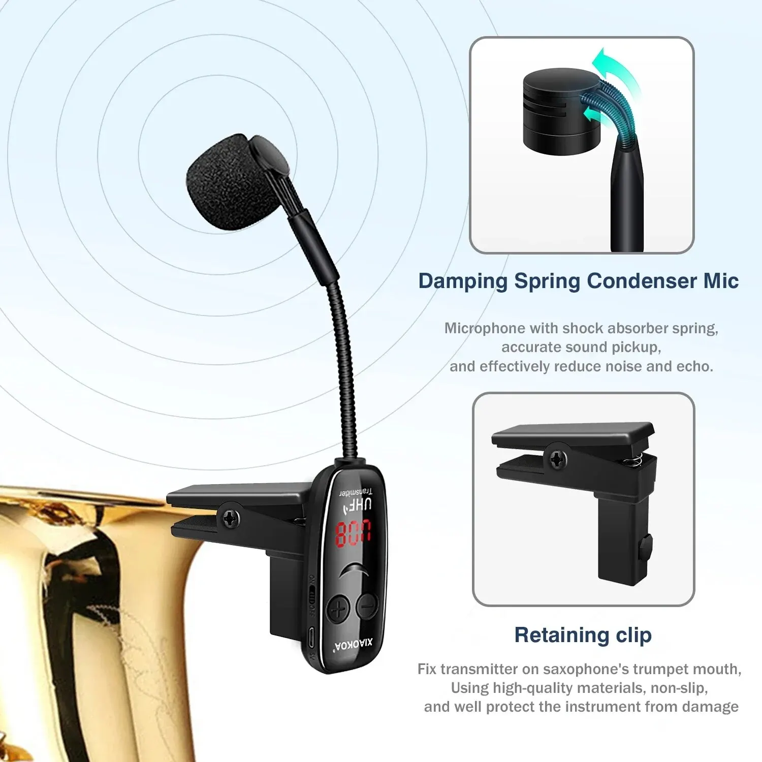 XIAOKOA UHF Wireless Instruments Saxophone Microphone Wireless Receiver Transmitter,160ft Range,Plug and Play,Great for Trumpets