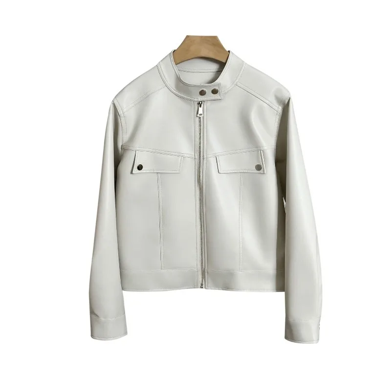 This Slim Touching Leather Top Is A New Autumn Fashion Women's. Short Coat That Is Both Casual Elegant. Solid Color Long Sleeve.