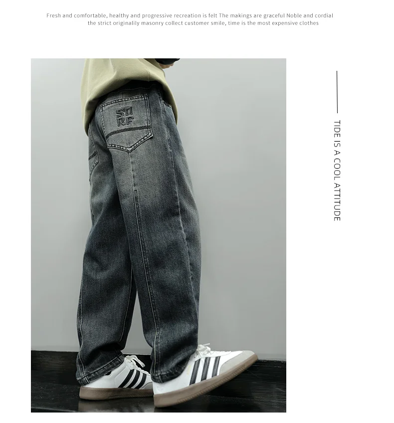 Neue, modische schwarze Jeans für Jungen, lockere, gerade geschnittene Haremshose für Kinder, Cargo-Jeans mit Taschen, Größe 5-14. – Detail 7
