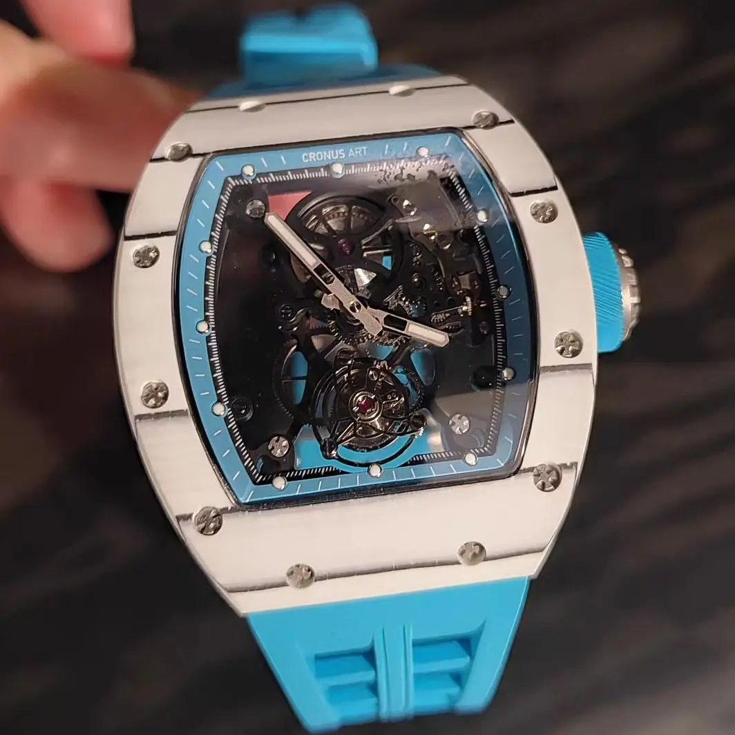 CRONUSART Men Tourbillon Watch Tonneau Mechanical Wristwatch Carbon Fiber Sapphire Mirror Luminous Skeleton Fluororubber Strap