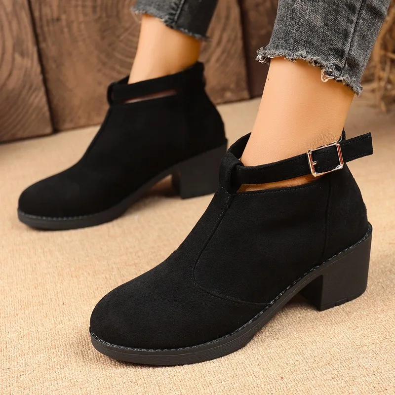 Belt Buckle Booties Fashion Round Toe Cow Suede Zip Platform Non-Slip Wear-Resistant Block Heel Shoes