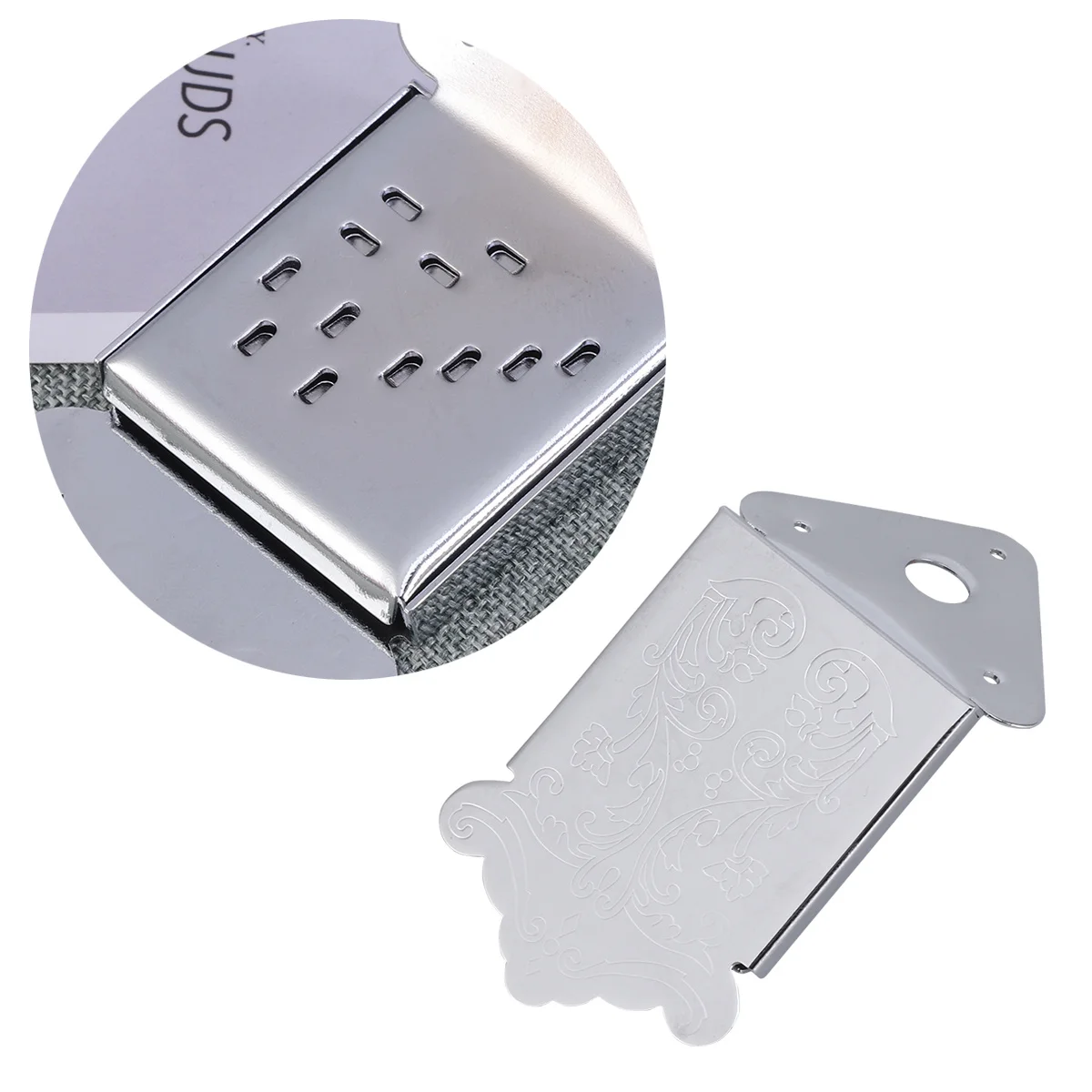 

8-String Mandolin Tailpiece Chrome Plated Triangle Shape 4.75*4.25*0.8Cm Removable Cover Fast String Change Flower Pattern