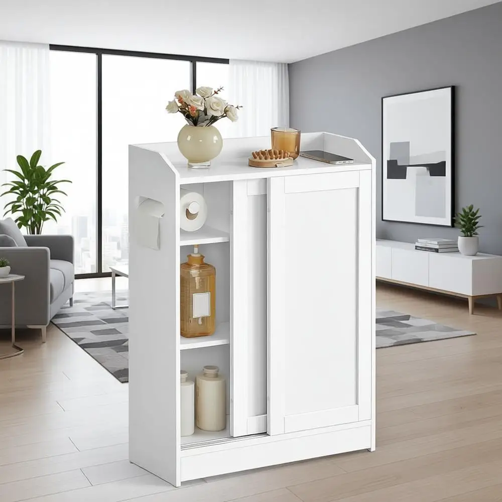 

Slim Floor Cabinet with Sliding Door, Toilet Paper Holder, and Brush Compartment, for Bathroom and Living Room, 7.9 x 23.6 x 31.