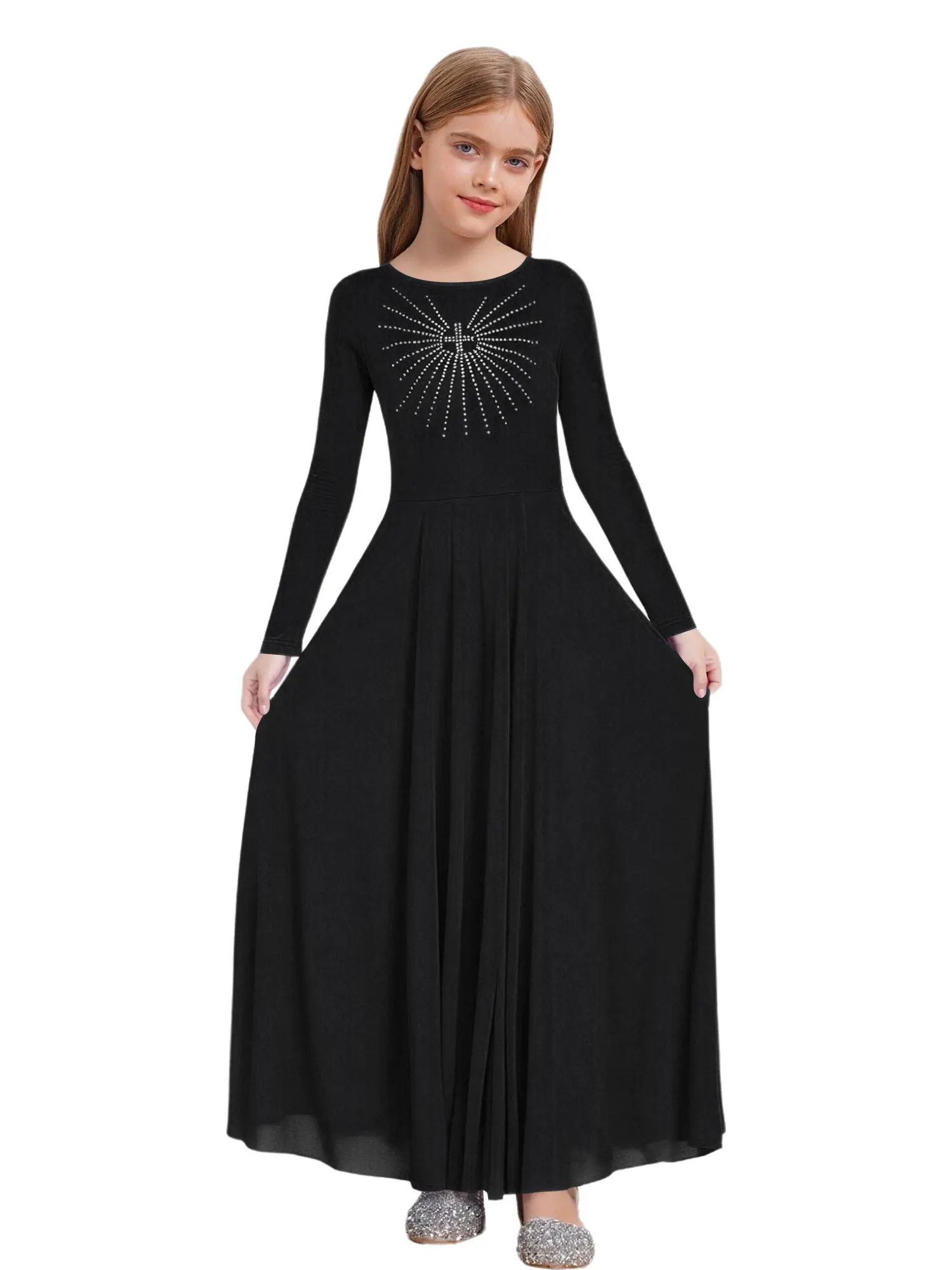 6-16Y الفتيات الليتورجية العبادة الكنيسة جوقة الثناء الرقص الغنائي الزي طويلة الأكمام لامعة حجر الراين واسعة فستان محكم من عند الصدر ويتدلى بشكل واسع مع شال #4