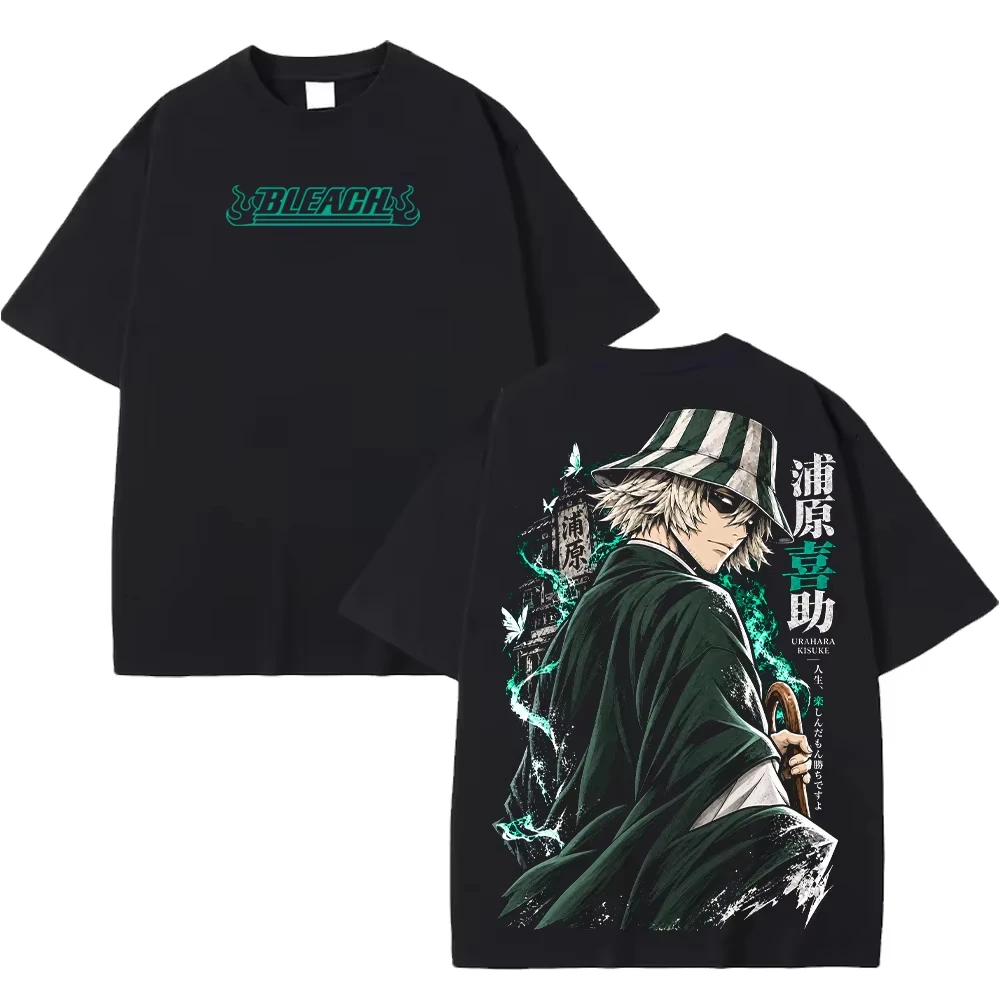 BLEACH Kisuke Urahara Anime Print Oversized Short Sleeve T Shirt, Front Back Double Print Streetwear Top T-Shirt