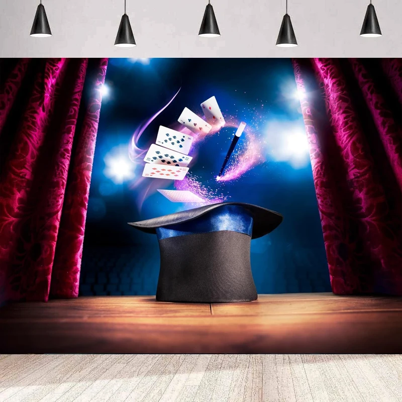 Magic Show Photography Backdrop Magic Trick Black Hat Magic Wand Poker Cards Theater Stage Red Curtains Magician Background Wall