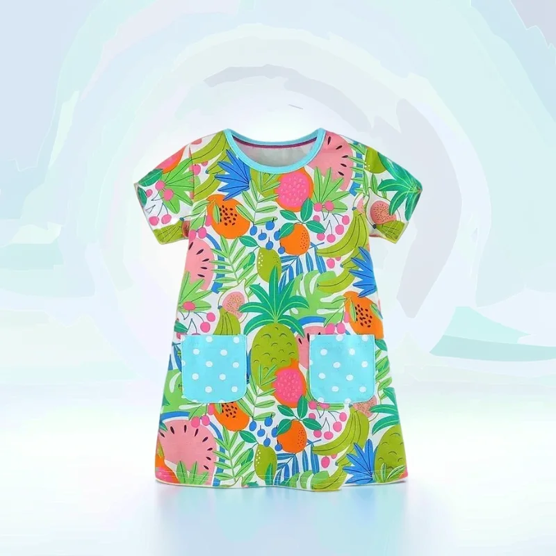 2024 Summer New Product Girl's Dress Fashionable Girl's Cartoon Fruit Print Princess Dress Small and Medium Children's Dress