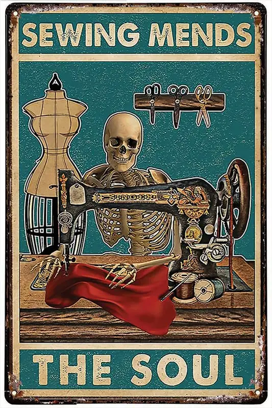 Funny Metal Tin Sign Skeleton Sewing Mends The Soul Retro Tin Signs Indoor & Outdoor Home Bar Coffee Kitchen Wall Decor Meta