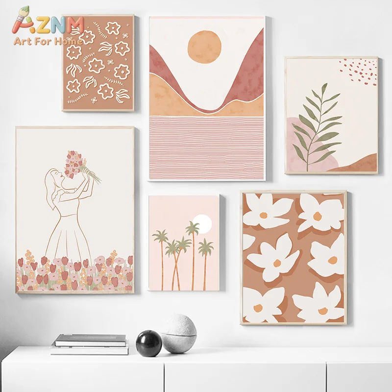 AZNM Boho Terracotta Floral Mountain Landscape Canvas Wall Art, Minimal Woman Palm Tree Botanical Aesthetic Home Decor Unframed
