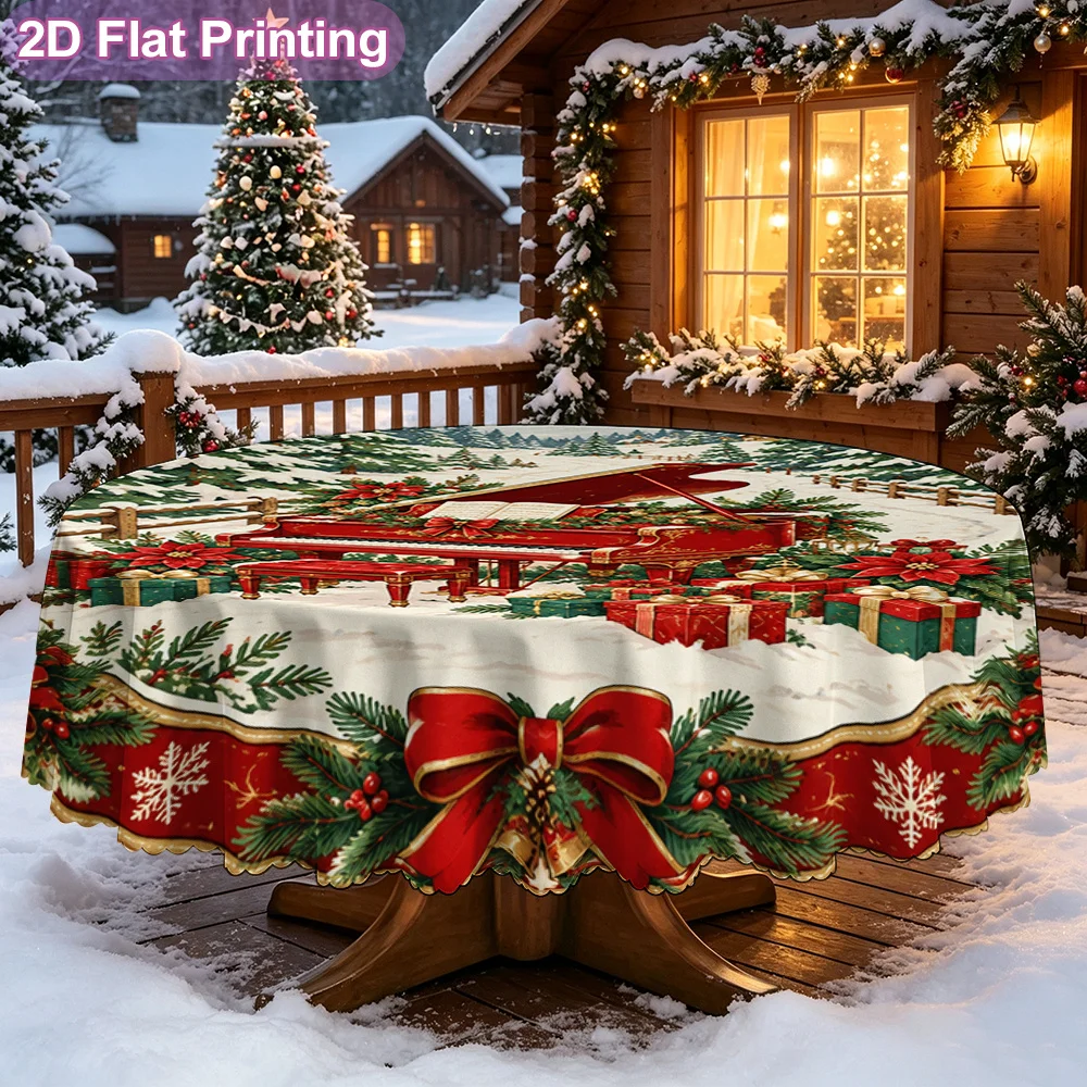 2D flat single tablecloth, modern Nordic round tablecloth, Christmas red piano snow print