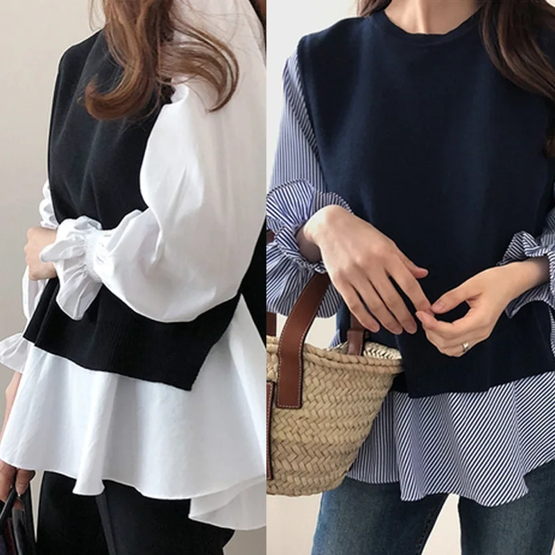 

Женский осенне-зимний комплект из двух предметов в корейском и японском стиле, рубашка с длинными рукавами и вязаным жилетом